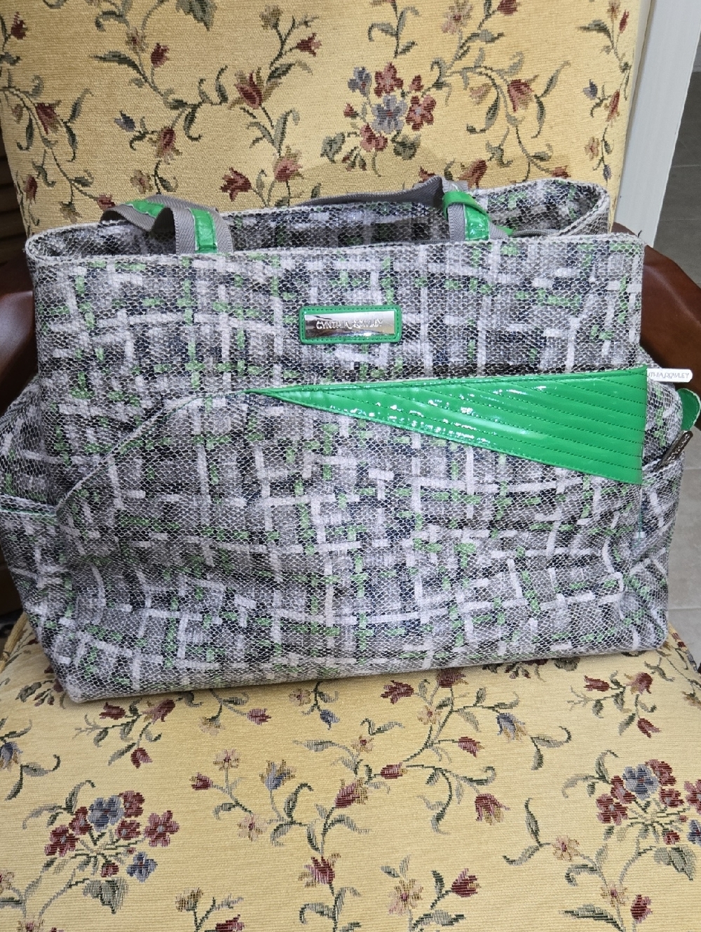 Cynthia Rowley Gray Tweed Overnight Tote with Bright Green Trim